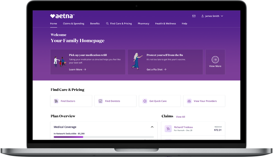 Aetna family homepage dashboard